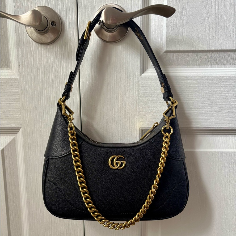 Designer Inspired G G Black Shoulder Bag with Gold Chain Aphrodite look alike